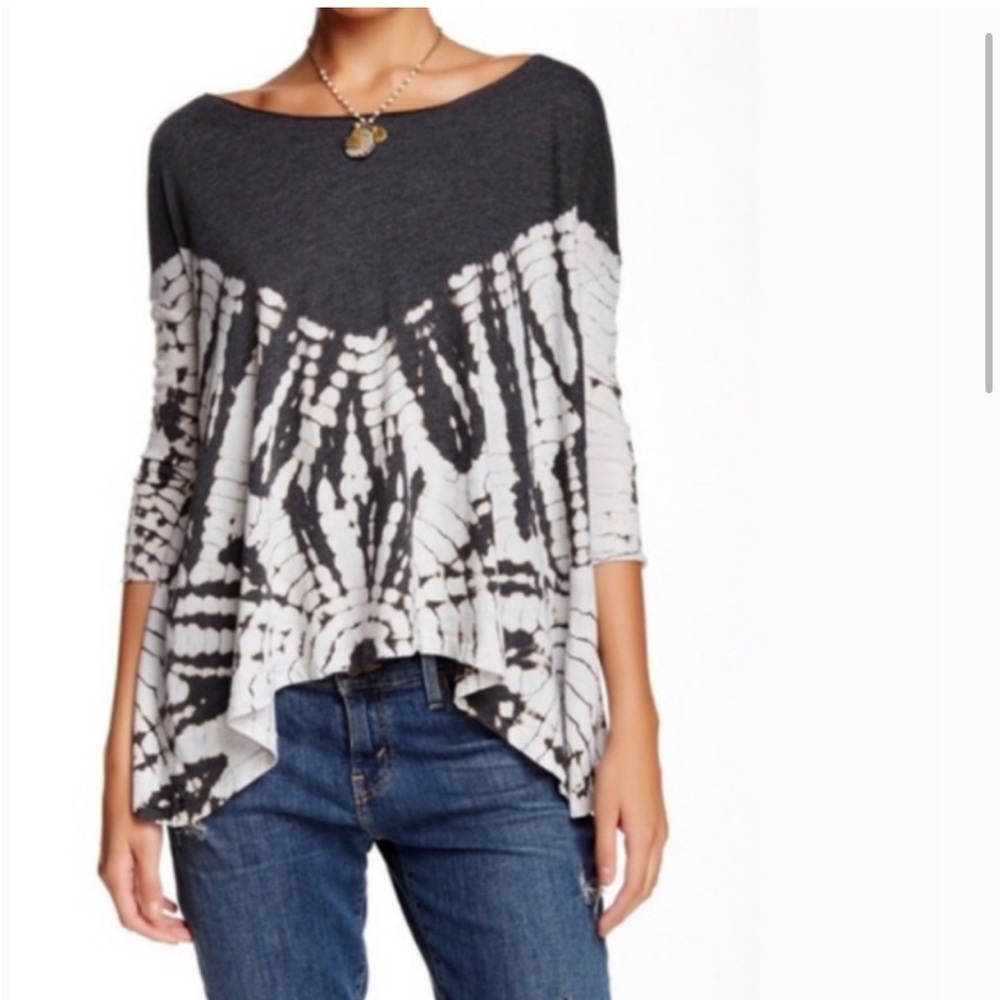 S Free People Blue Gray Asymmetrical 3/4 Sleeve Top LA Living Coastal Tye Dye